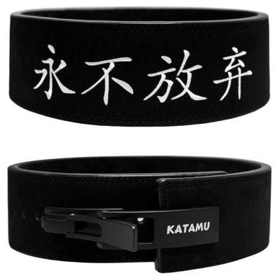 Katamu Premium Leather Lever Weightlifting Belt  Secure Steel Lever, Powerlifting Support for Deadlifts, Squats & Heavy Lifts - Lift More, Look Good (Never Give Up, Medium)