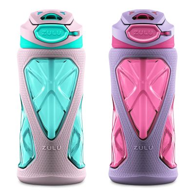 ZULU Torque 2 Pack 16oz Plastic Kids Water Bottle with Silicone Sleeve and Leak-Proof Locking Flip Lid, Soft Touch Carry Loop for School Backpack, Lunchbox, BPA-Free Dishwasher Safe, Pink