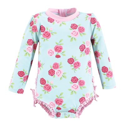 Hudson Baby Girls Rashguard Baby and Toddler Swimsuit, Mint Pink Roses, 18-24 Months