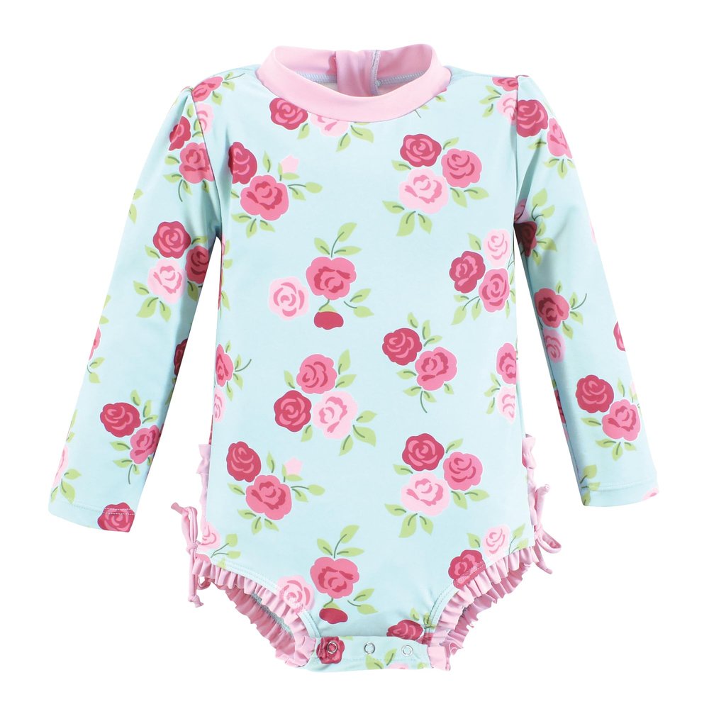 Hudson Baby Girls Rashguard Baby and Toddler Swimsuit, Mint Pink Roses, 18-24 Months