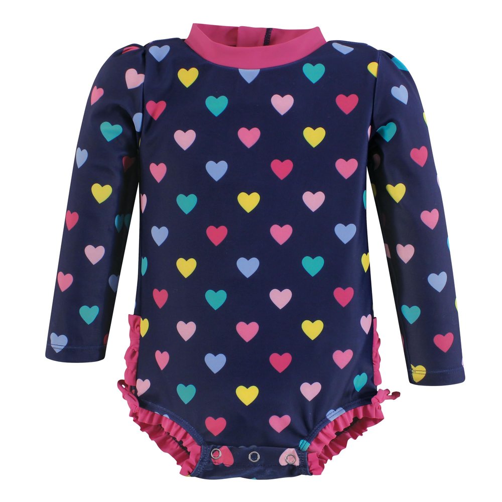Hudson Baby Girls Rashguard Baby and Toddler Swimsuit, Navy Hearts, 9-12 Months