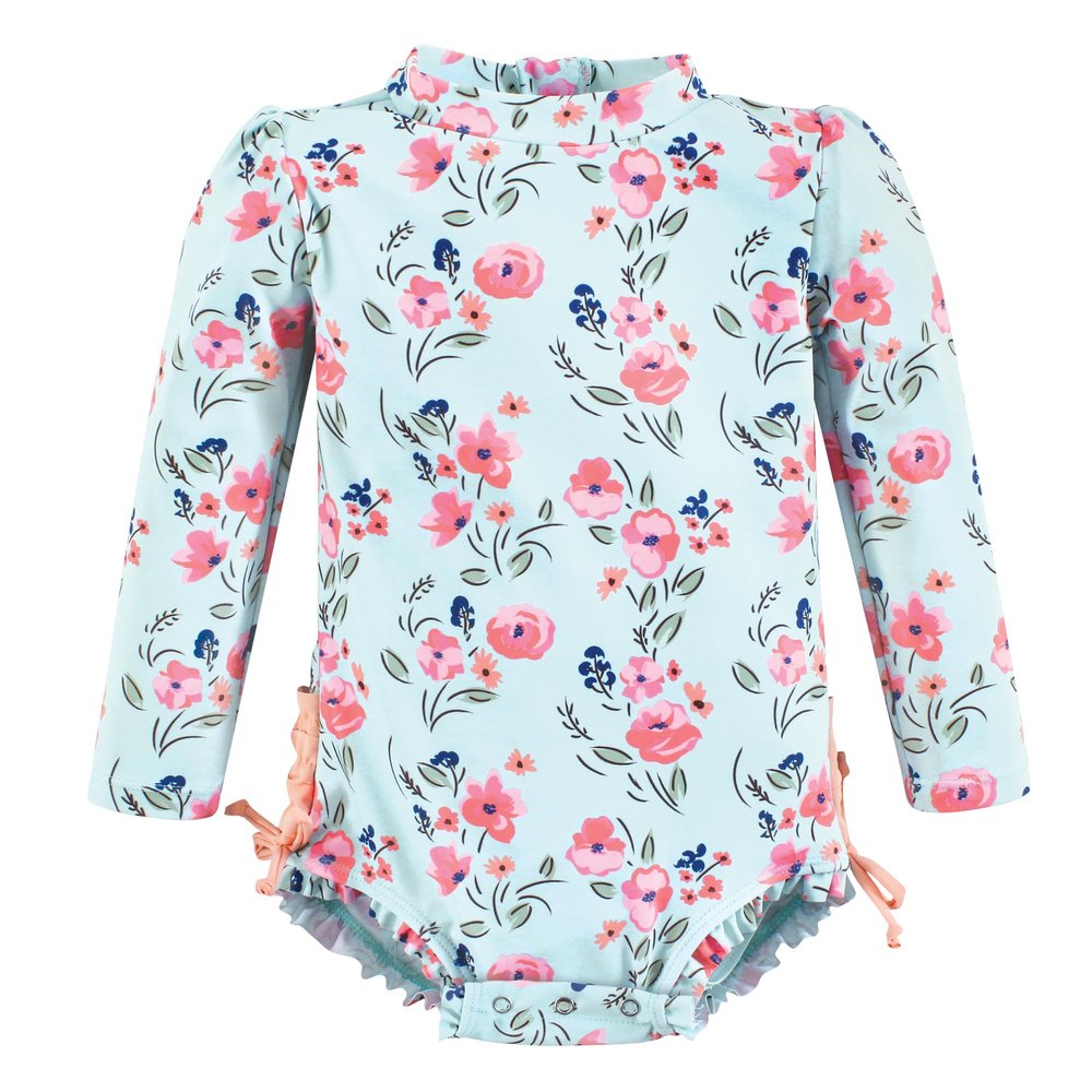 Hudson Baby Girls Rashguard Baby and Toddler Swimsuit, Mint Floral, 6-9 Months