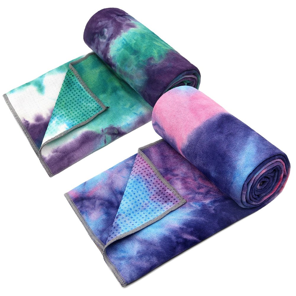 Eunzel 2 Pack Yoga Towel,Hot Yoga Mat Towel with Grip Dots Sweat Absorbent Non-Slip for Hot Yoga, Pilates and Workout 24" x72Purple & Blue/Green & Purple (2 Pack)