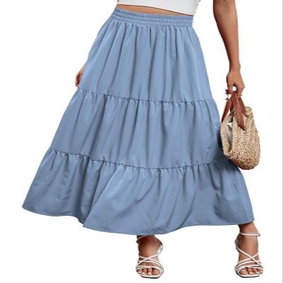 Arolina Maxi Skirt for Women Summer Boho Elastic High Waist Pleated A-Line Flowy Ruffle Swing Tiered Long Beach Skirt Dress Lightblue