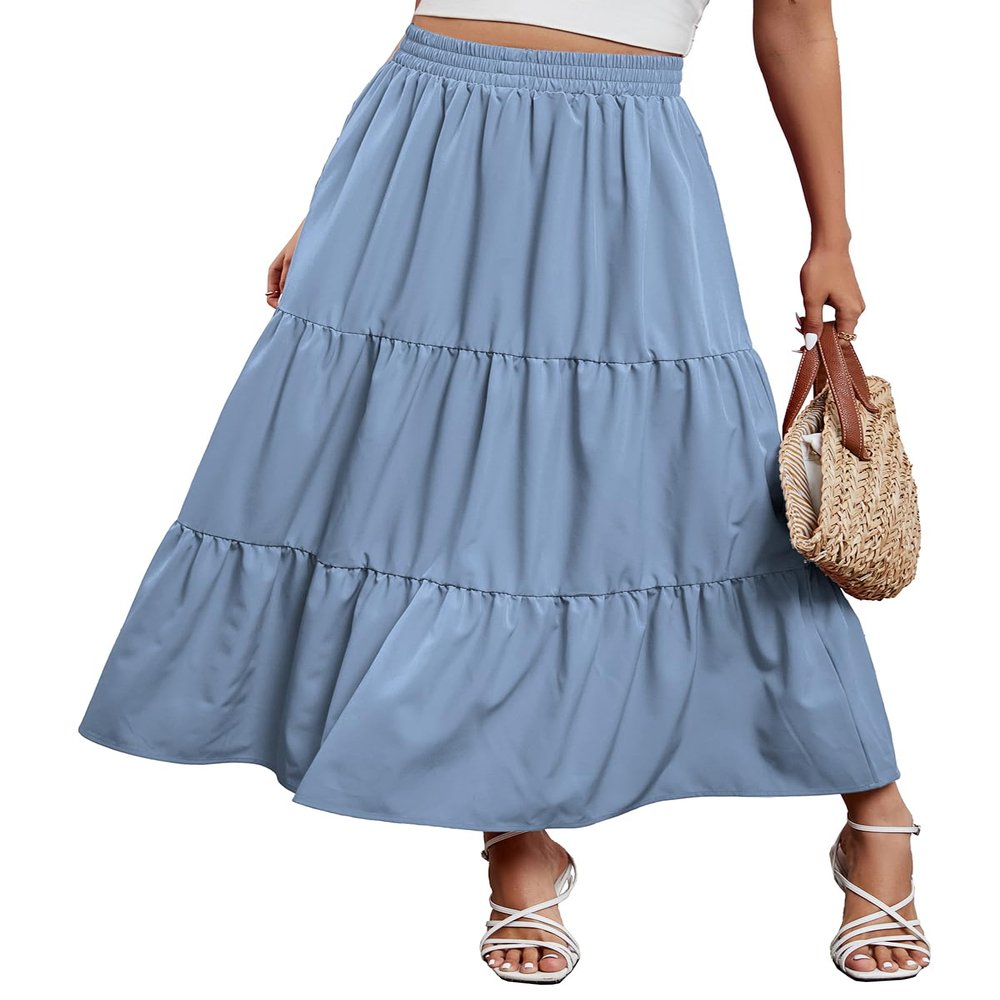 Arolina Maxi Skirt for Women Summer Boho Elastic High Waist Pleated A-Line Flowy Ruffle Swing Tiered Long Beach Skirt Dress Lightblue