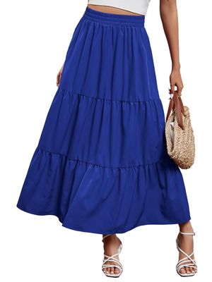 Arolina Maxi Skirt for Women Summer Boho Elastic High Waist Pleated A-Line Flowy Ruffle Swing Tiered Long Beach Skirt Dress RoyalBlue
