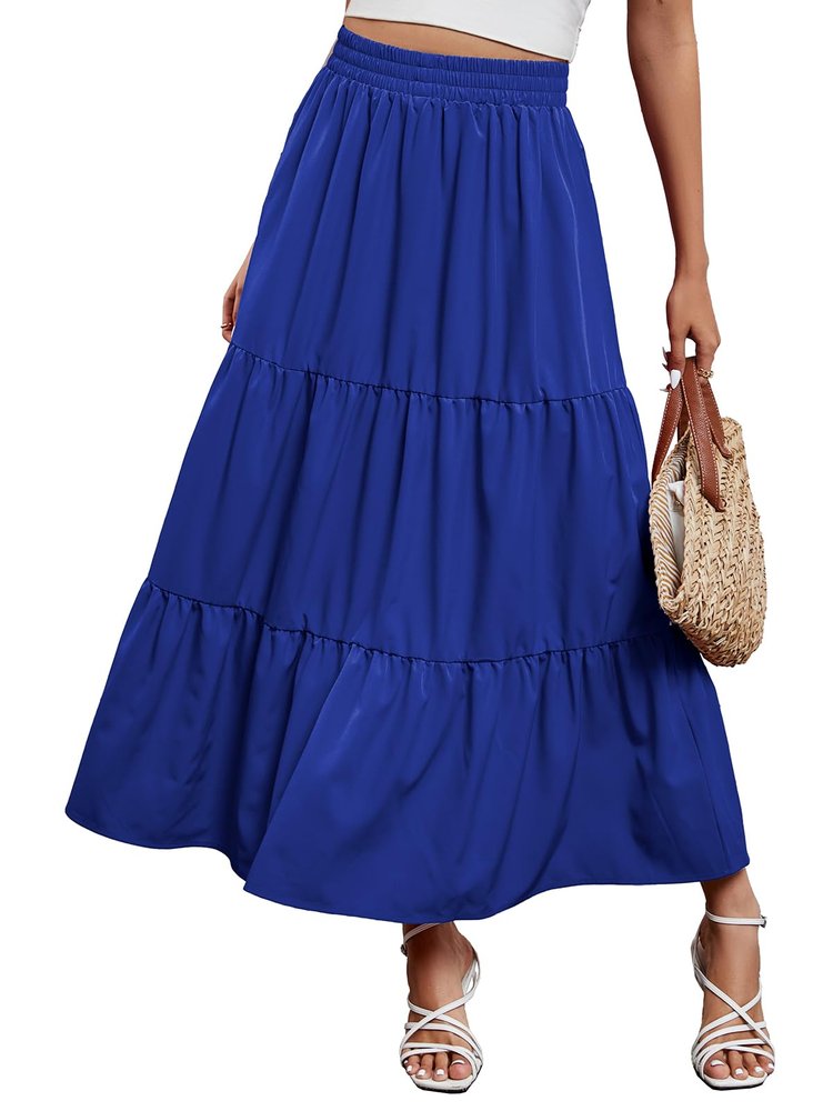 Arolina Maxi Skirt for Women Summer Boho Elastic High Waist Pleated A-Line Flowy Ruffle Swing Tiered Long Beach Skirt Dress RoyalBlue