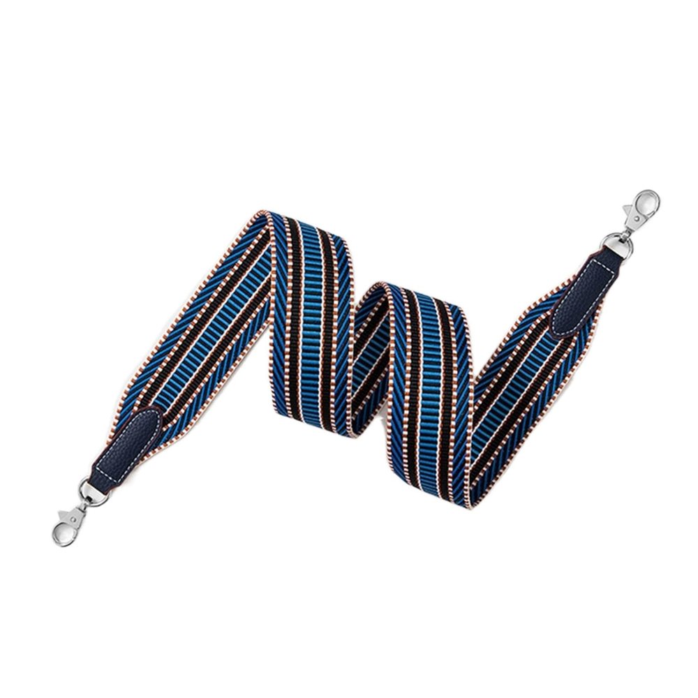 Canvas Wide Shoulder Strap Striped Double-sided Embroidery Motif Replacement Crossbody Bag Strap for Guitar Strap/DIY Bag (Color : Blue Silver Buckle, Size : 27.5in)
