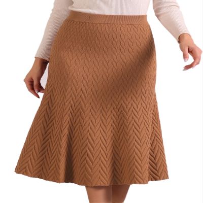 Allegra K Sweater Skirt for Women's High Waist Fall Stretchy Fishtail Cable Knit Midi Skirts Small Camel