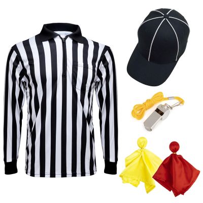 TopTie 5PCS Official Referee Shirt Set Long Sleeve Pocket Umpire Jersey, Ref Cap and Whistle, Yellow Red Flag-S