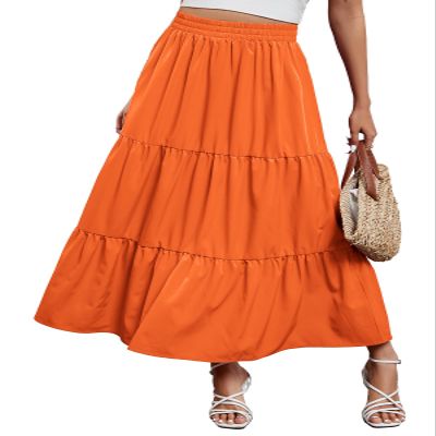 Arolina Maxi Skirt for Women Summer Boho Elastic High Waist Pleated A-Line Flowy Ruffle Swing Tiered Long Beach Skirt Dress Orange