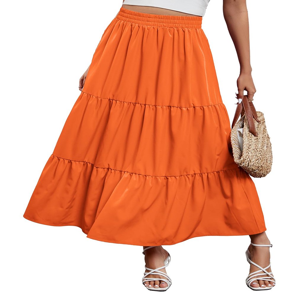 Arolina Maxi Skirt for Women Summer Boho Elastic High Waist Pleated A-Line Flowy Ruffle Swing Tiered Long Beach Skirt Dress Orange