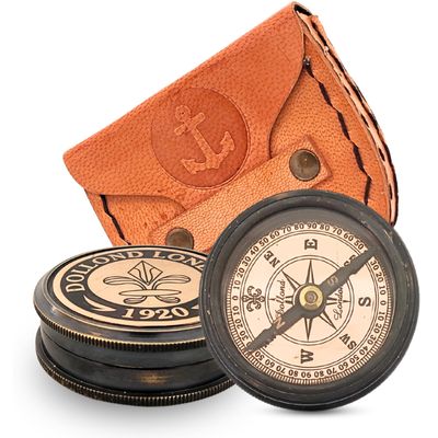 Asian Arts Global Compass Brass with Handmade Leather Case Collectible Decorative Gifting Item, Birthday Gift, 2.2 INCH, Antique