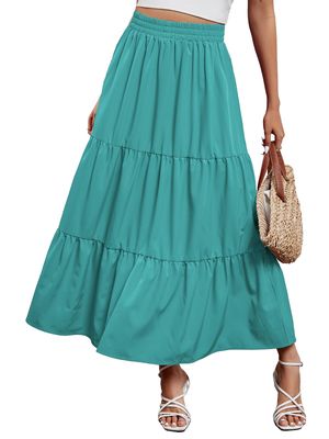 Arolina Maxi Skirt for Women Summer Boho Elastic High Waist Pleated A-Line Flowy Ruffle Swing Tiered Long Beach Skirt Dress