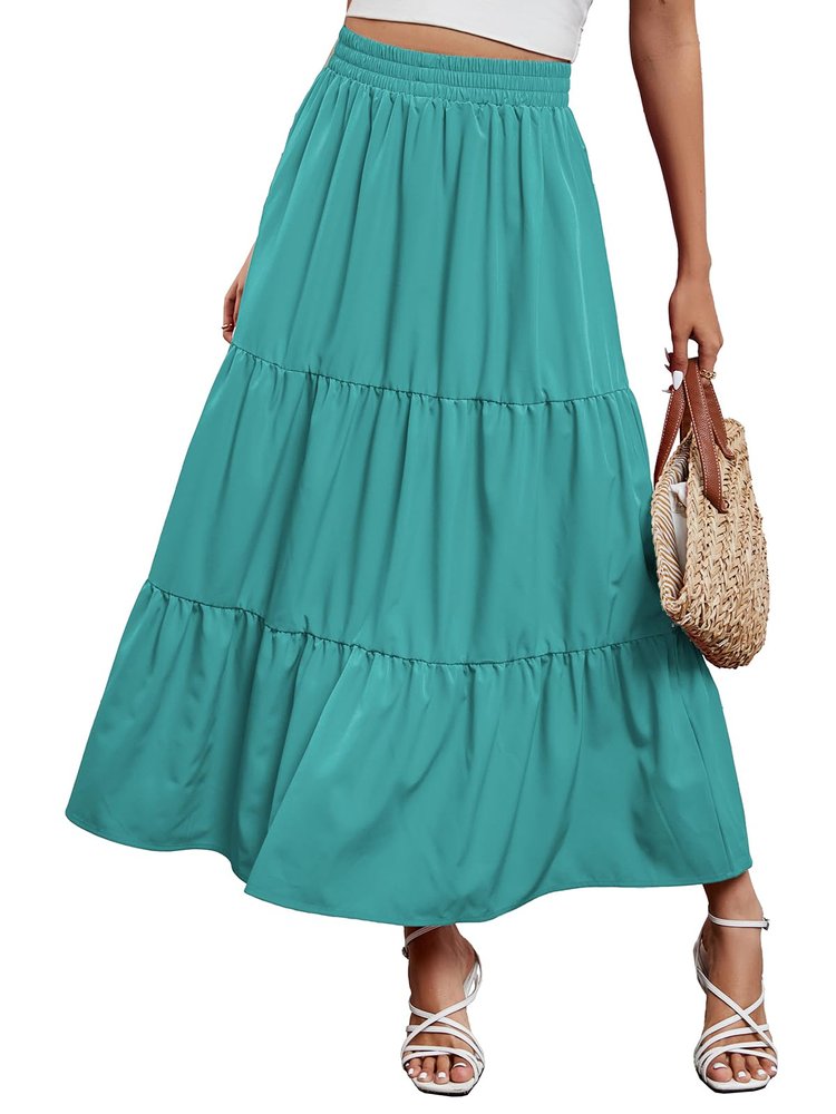 Arolina Maxi Skirt for Women Summer Boho Elastic High Waist Pleated A-Line Flowy Ruffle Swing Tiered Long Beach Skirt Dress