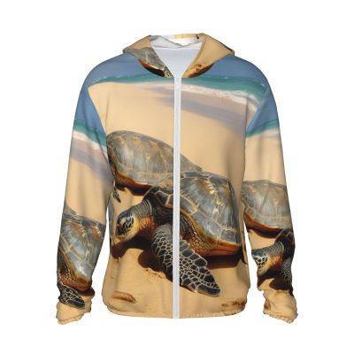 RLDOBOFE Sun Protection Hoodie for Men Women UPF 50+ Long Sleeve Rash Guard Jacket turtles on the beach Lightweight Sun Shirt Large Black