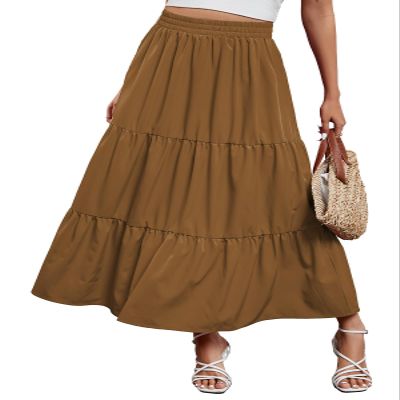 Arolina Maxi Skirt for Women Summer Boho Elastic High Waist Pleated A-Line Flowy Ruffle Swing Tiered Long Beach Skirt Dress Brown