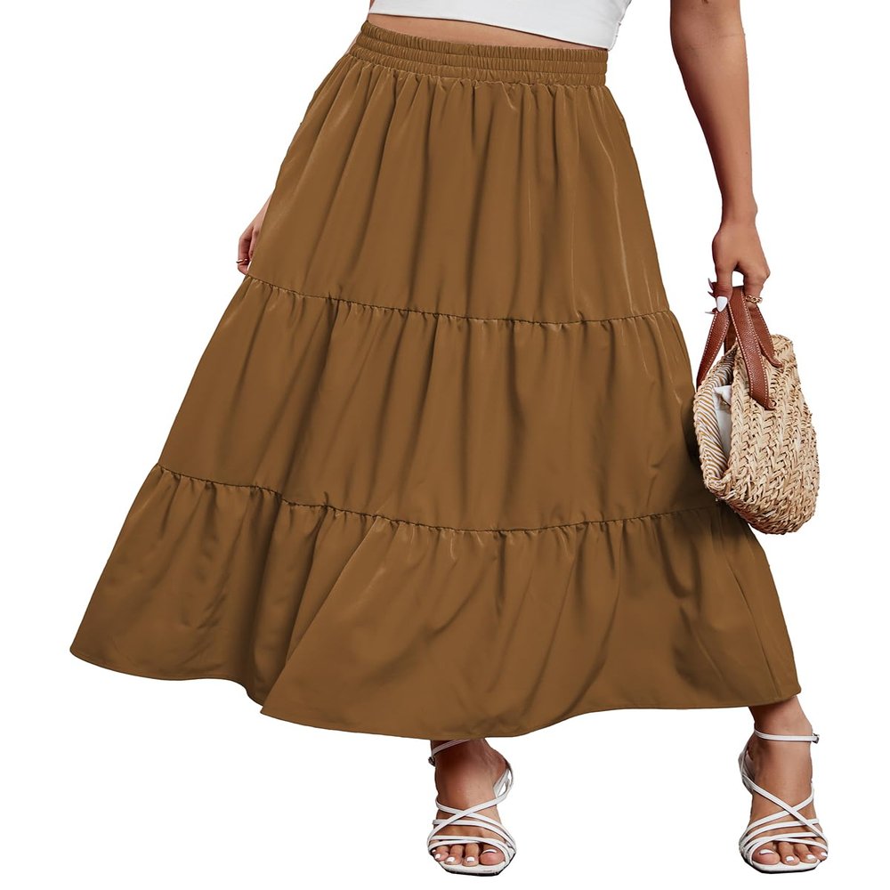 Arolina Maxi Skirt for Women Summer Boho Elastic High Waist Pleated A-Line Flowy Ruffle Swing Tiered Long Beach Skirt Dress Brown