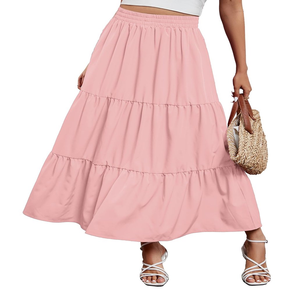 Arolina Maxi Skirt for Women Summer Boho Elastic High Waist Pleated A-Line Flowy Ruffle Swing Tiered Long Beach Skirt Dress Lightpink