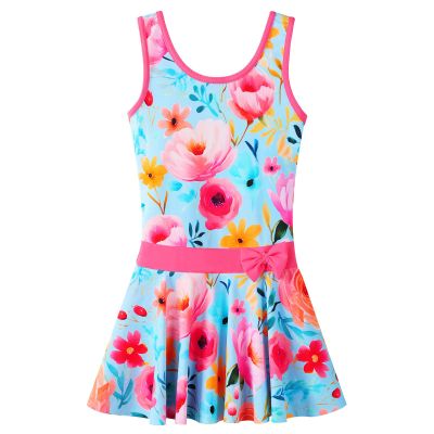 Girls Swimsuit One Piece UPF 50+ Floral Skirted Bathing Suit Modest Beach Swim Dress S472_BlueFlower_128/134