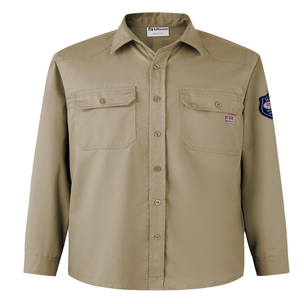 Ubon FR Shirts for Men Flame Resistan Welding Shirt FRC Work Shirt Long Sleeve Welder Shirts 7.5 Oz, Khaki, X-Large