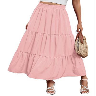 Arolina Maxi Skirt for Women Summer Boho Elastic High Waist Pleated A-Line Flowy Ruffle Swing Tiered Long Beach Skirt Dress Lightpink