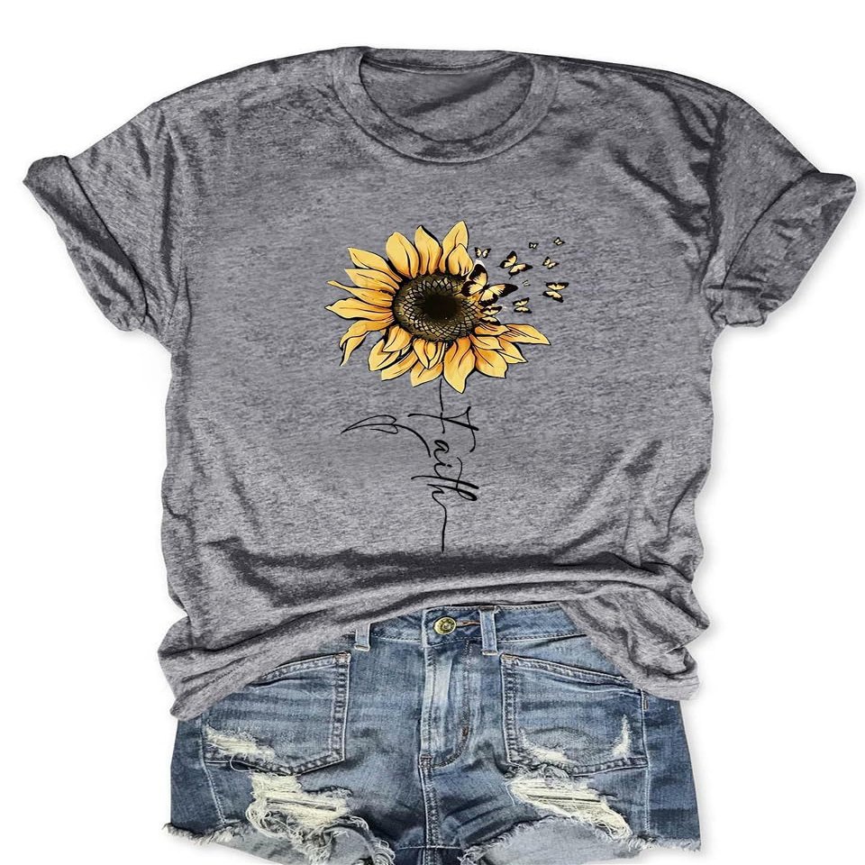 Sunflower Shirts for Women Faith Graphic Tees Short Sleeve Loose Fit Butterfly Teen Girls T Shirt Grey S