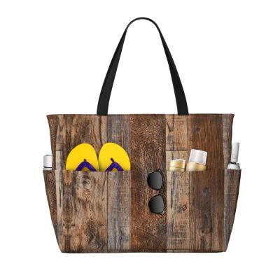 AMAZWI Brown Wooden Large Beach Tote Bag,Women Sandproof Zipper Beach Travel Bag For Travel Vacation Gym