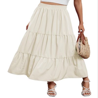 Arolina Maxi Skirt for Women Summer Boho Elastic High Waist Pleated A-Line Flowy Ruffle Swing Tiered Long Beach Skirt Dress Beige