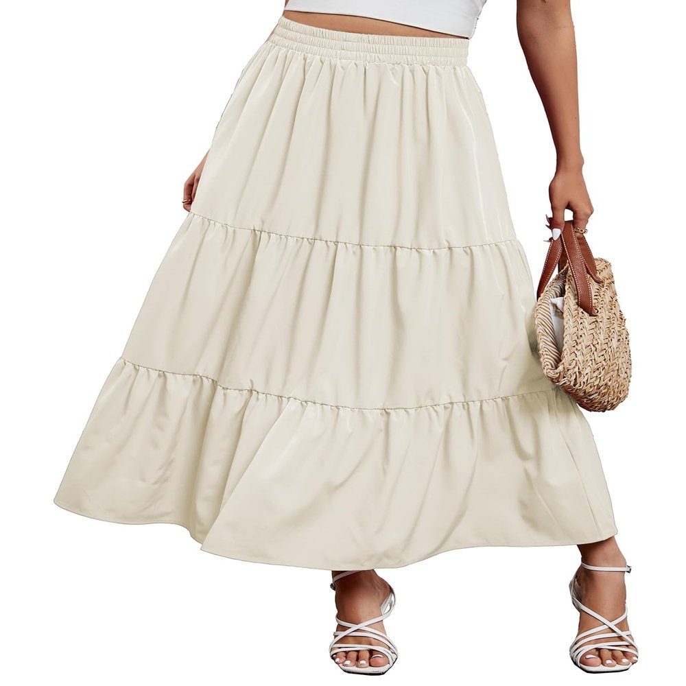 Arolina Maxi Skirt for Women Summer Boho Elastic High Waist Pleated A-Line Flowy Ruffle Swing Tiered Long Beach Skirt Dress Beige