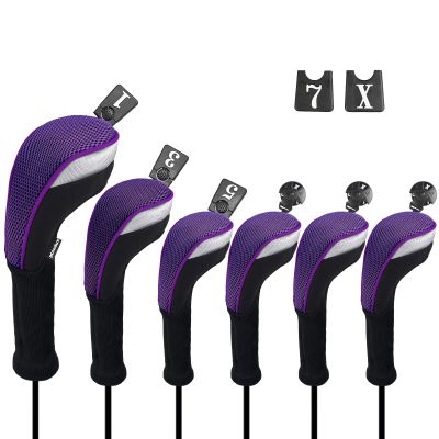 Andux 6pcs/Set Golf Club Head Covers Woods Drivers Fairway Hybrid Set Long Neck (3 Hybrid + 3 Woods) (Black/Purple)