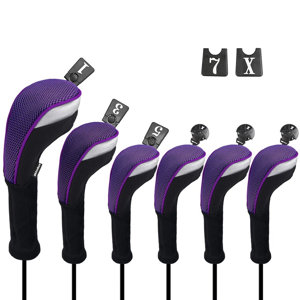 Andux 6pcs/Set Golf Club Head Covers Woods Drivers Fairway Hybrid Set Long Neck (3 Hybrid + 3 Woods) (Black/Purple)