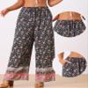 Allegra K Boho Floral Pants for Women's Drawstring Waist Beach Wide Leg Pants with Pockets X-Small Navy Blue view 2