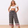 Allegra K Boho Floral Pants for Women's Drawstring Waist Beach Wide Leg Pants with Pockets X-Small Navy Blue view 3