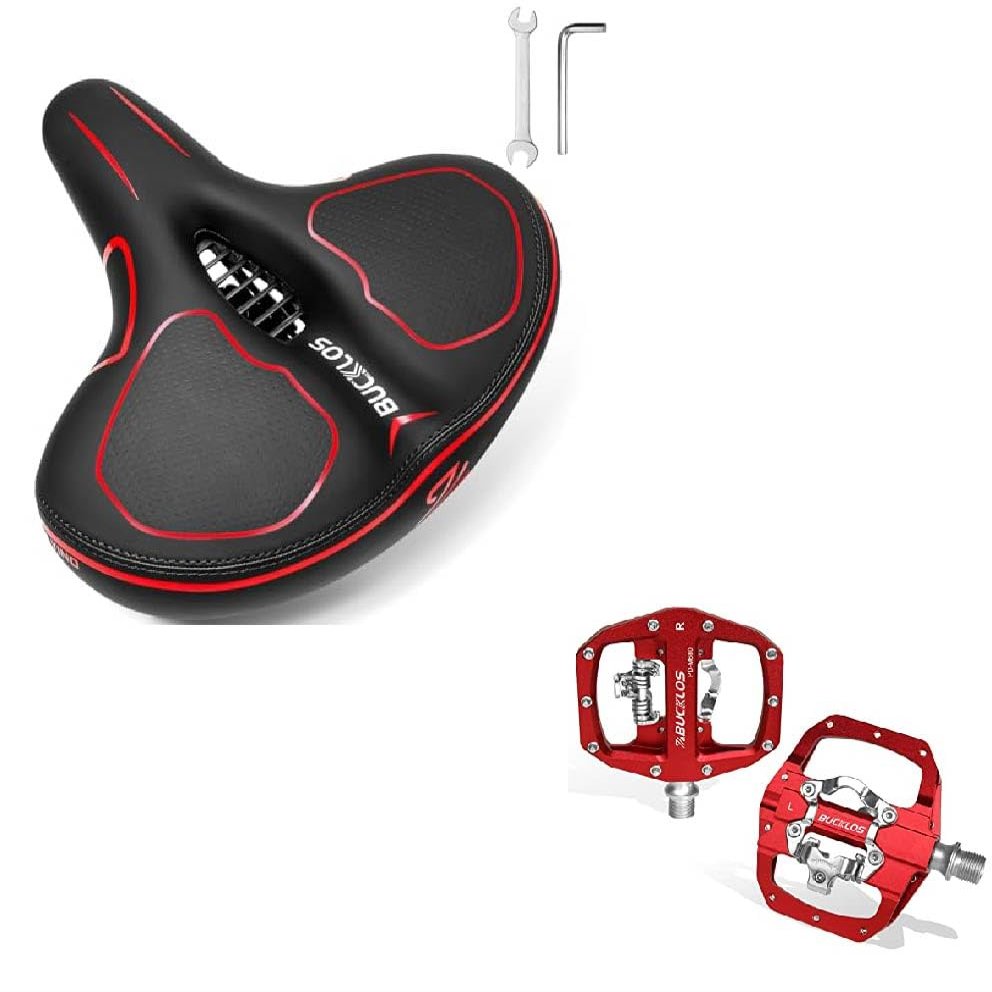 BUCKLOS Comfortable Extra Wide Bike Seat Cushion for Women Men- SPD Pedals Spin Bike Flat & Clipless Sealed Bearing Bicycle Clips Pedal Compatible