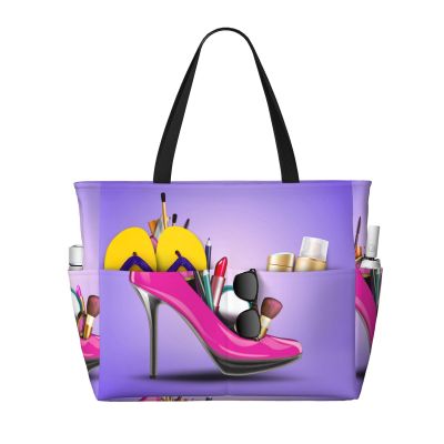 AMAZWI Shoes And Makeup Large Beach Tote Bag,Women Sandproof Zipper Beach Travel Bag For Travel Vacation Gym