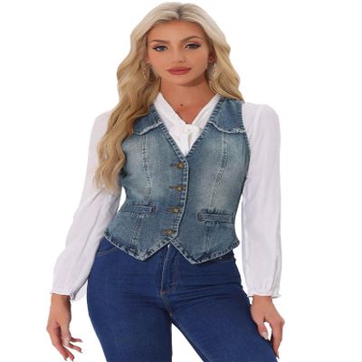 Allegra K Denim Vest for Women's Sleeveless V Neck Washed Distressed Y2K Jean Waistcoat Jacket Small Gray Blue