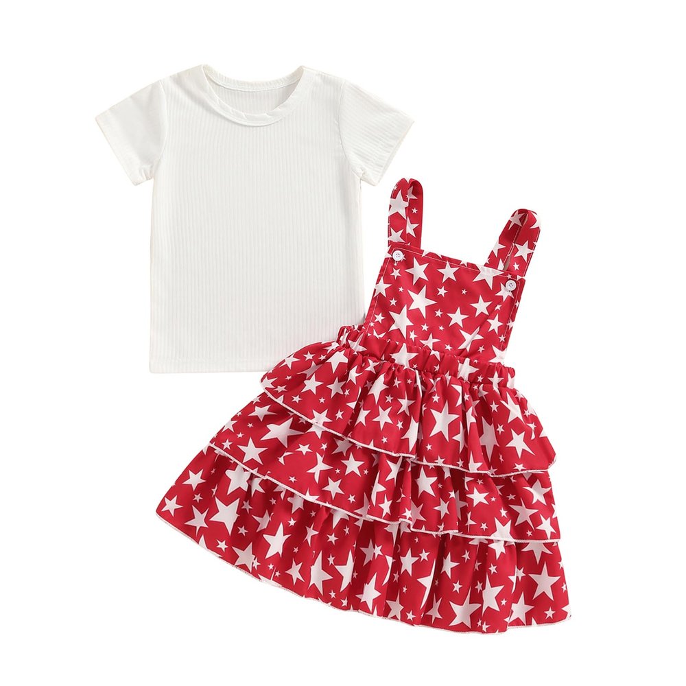 4th of July Toddler Girl Outfit Ribbed Short Sleeve Shirt Ruffle Suspender Skirt Overalls Dress Summer Clothes 1-6Y (July 4th Red, 3-4T)