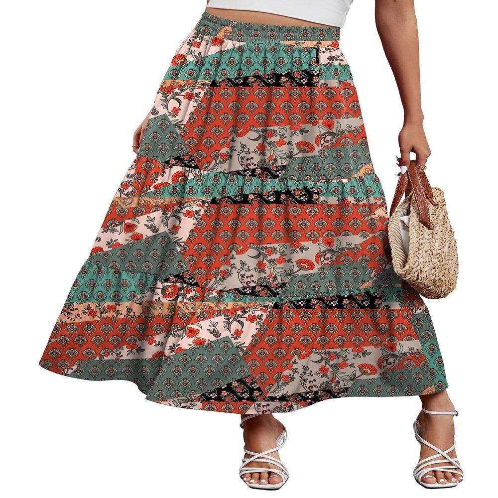 Arolina Maxi Skirt for Women Summer Boho Elastic High Waist Pleated A-Line Flowy Ruffle Swing Tiered Long Beach Skirt Dress