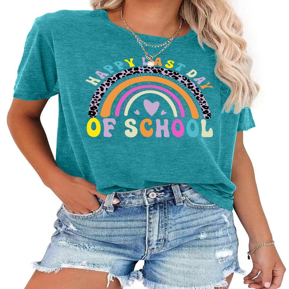 LAZYCHILD Last Day of School Shirt for Women Rainbow Graphic Tee Teacher Life T-Shirt Graduation End of School Tops