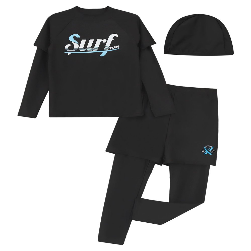 Sxiwei Kids Boys 3 Pieces UPF 50+ Rash Guard Surfing Suit Long Sleeves Beachwear Swimsuits Black 16-17 Years