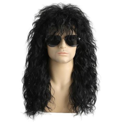 Daiaces Mens 80s Black Mullet Wigs Long Curly Black Rocker Metal Mullet Wig for 70s 80s Cosplay Costume Halloween Party
