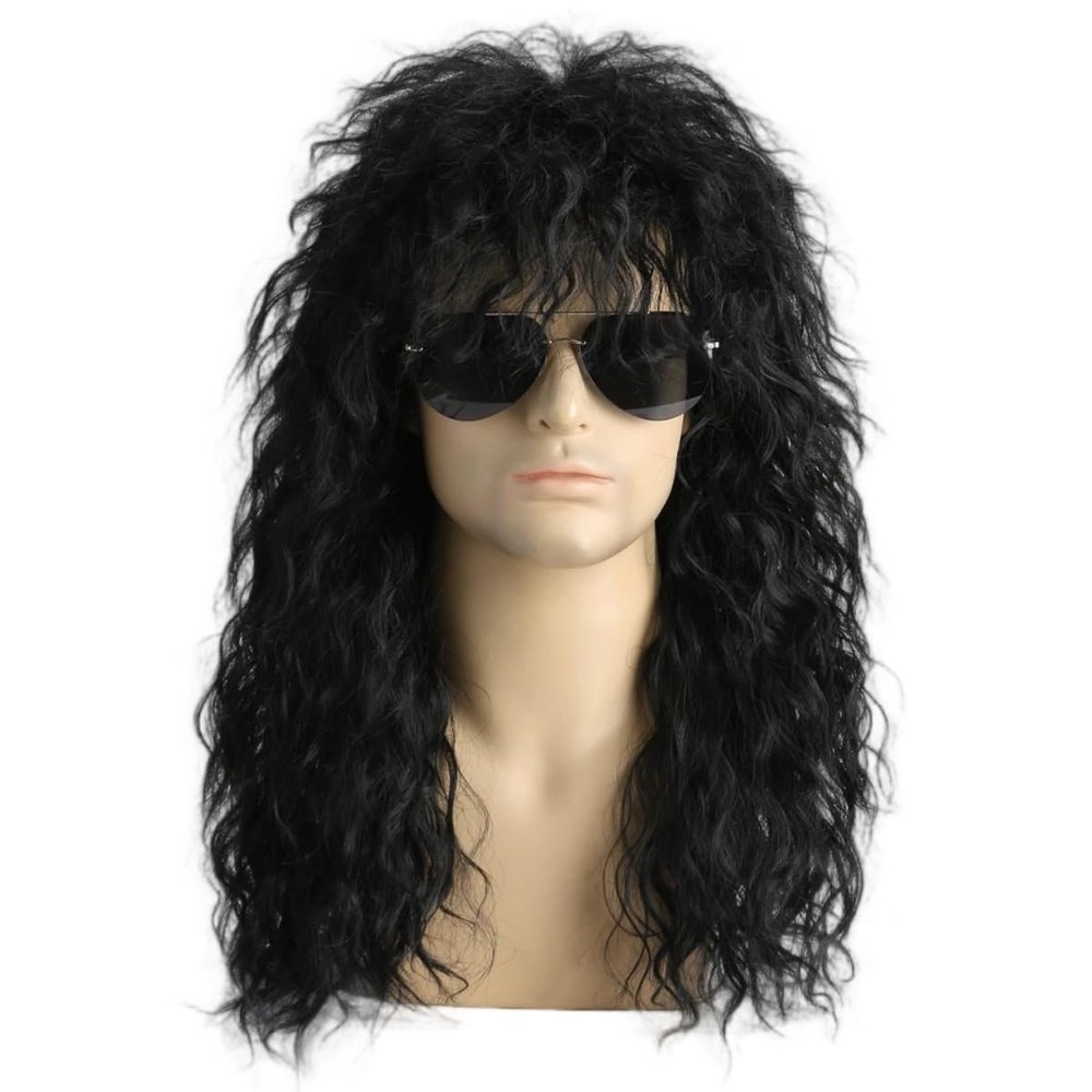 Daiaces Mens 80s Black Mullet Wigs Long Curly Black Rocker Metal Mullet Wig for 70s 80s Cosplay Costume Halloween Party