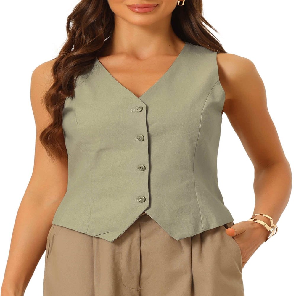 Allegra K Vest Waistcoat for Women's Fashion Sleeveless Button Down V Neck Crop Top Summer Vest X-Large Army Green