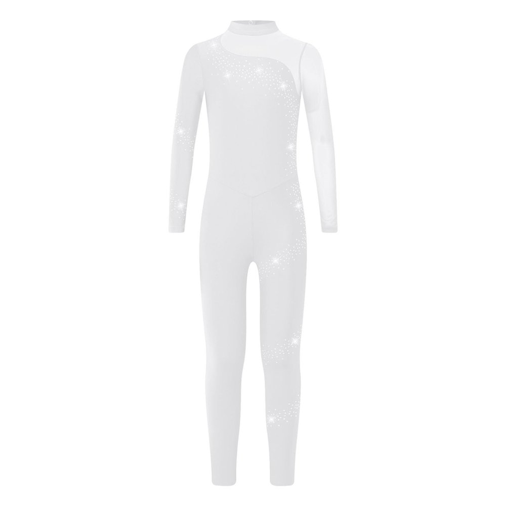 Linjinx Kids Girls Long Sleeve Sequins Gymnastics Leotard Unitard Full BodyJumpsuit One Piece Skating Bodysuit White 6 Years