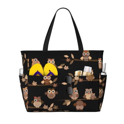 AMAZWI Cute Brown Cartoon Owls Large Beach Tote Bag,Women Sandproof Zipper Beach Travel Bag For Travel Vacation Gym