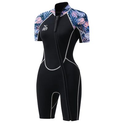 AICARSHI Women's Purple Leaves 3mm Neoprene Short Sleeve Diving, Snorkeling, Surfing, Swimming Wetsuit with Front Zipper