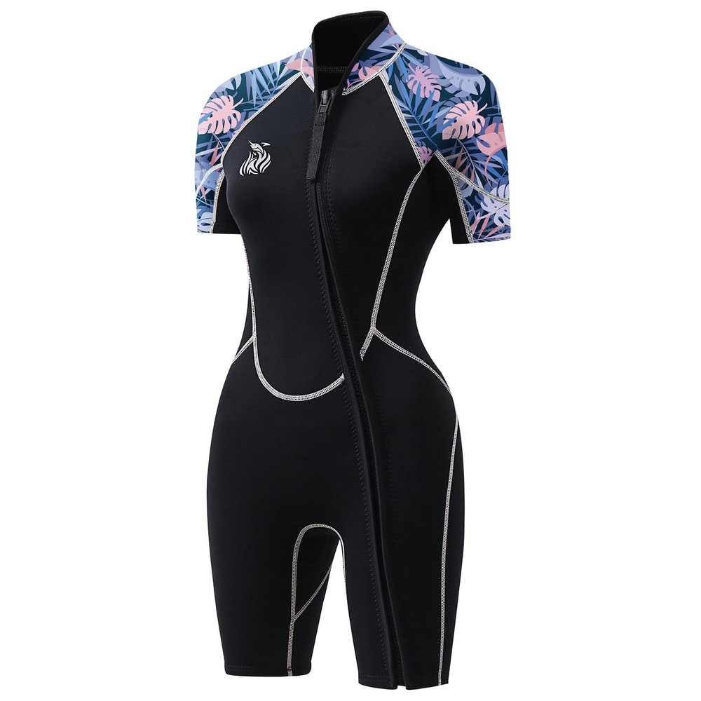 AICARSHI Women's Purple Leaves 3mm Neoprene Short Sleeve Diving, Snorkeling, Surfing, Swimming Wetsuit with Front Zipper