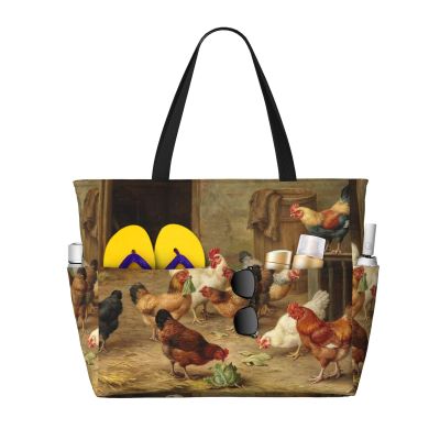 AMAZWI Farm Chickens Large Beach Tote Bag,Women Sandproof Zipper Beach Travel Bag For Travel Vacation Gym