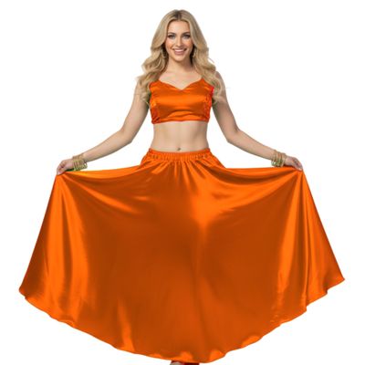 Belly Dance Skirt Satin Half Circle Skirt for Women | Maxi Full Flowy Ballroom Gypsy Practice Costume | 41 Colors One Size Orange